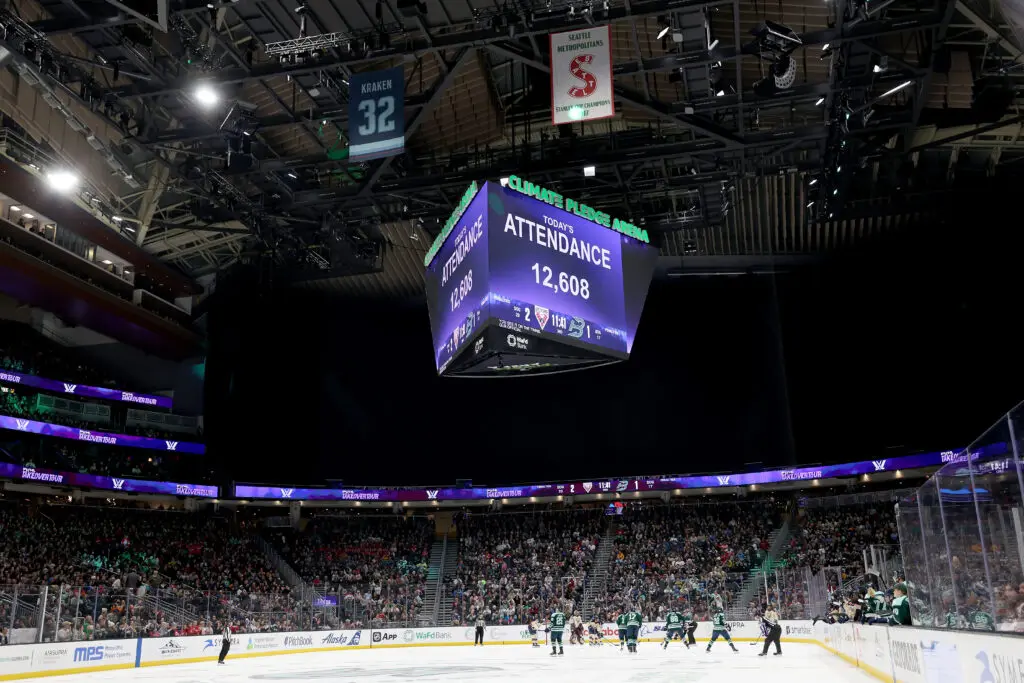 A scoreboard at Seattle's Climate Pledge Arena displays an attendance of 12,608 fans at a 2025 PWHL Takeover Tour game.