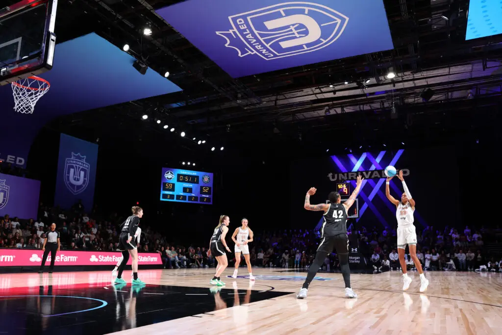 Rose BC's Azurá Stevens shoots a three-pointer over Phantom BC's Brittney Griner during a 2025 Unrivaled game.