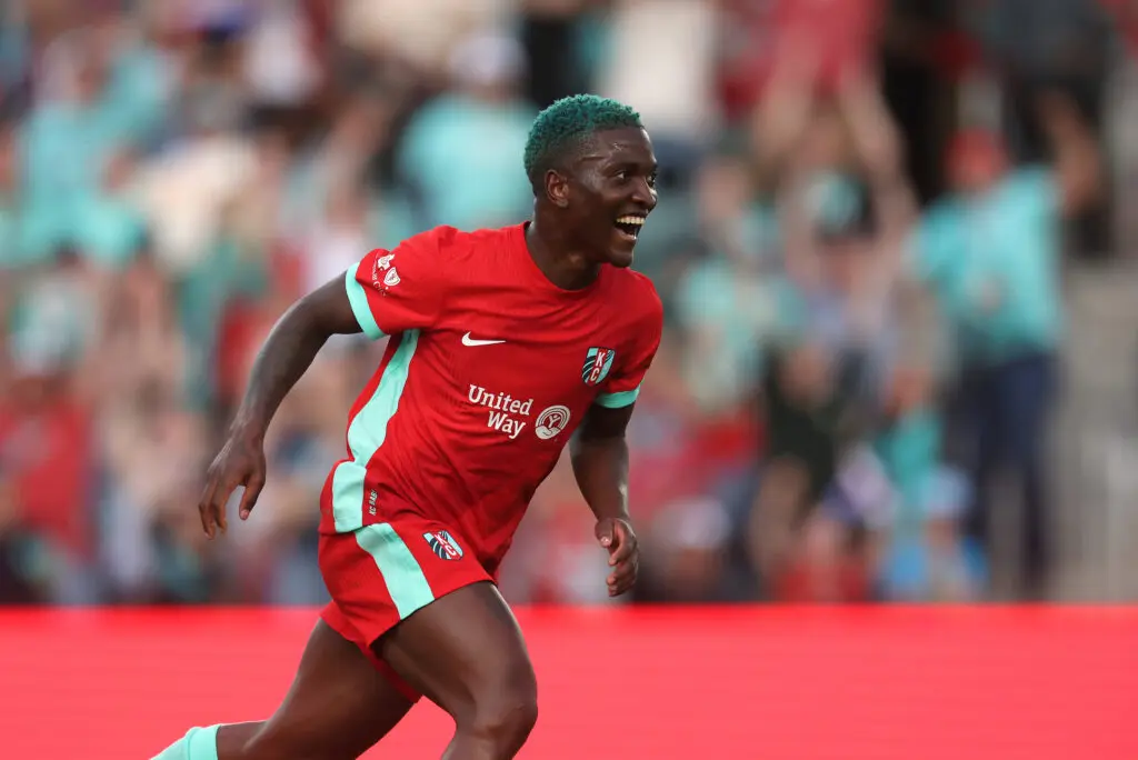 Kansas City Current forward Temwa Chawinga celebrates a goal in a 2025 NWSL match.