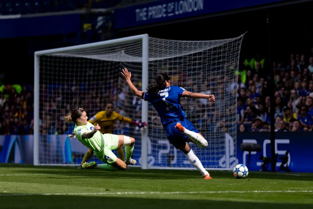 Chelsea FC's Mayra Ramírez takes a shot during their 2024/25 Champions League semifinal loss to Barcelona.