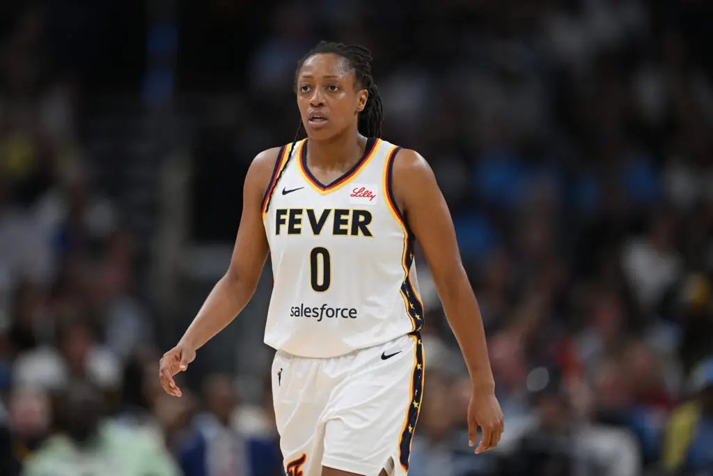 Indiana Fever guard Kelsey Mitchell looks on during a 2025 WNBA game.