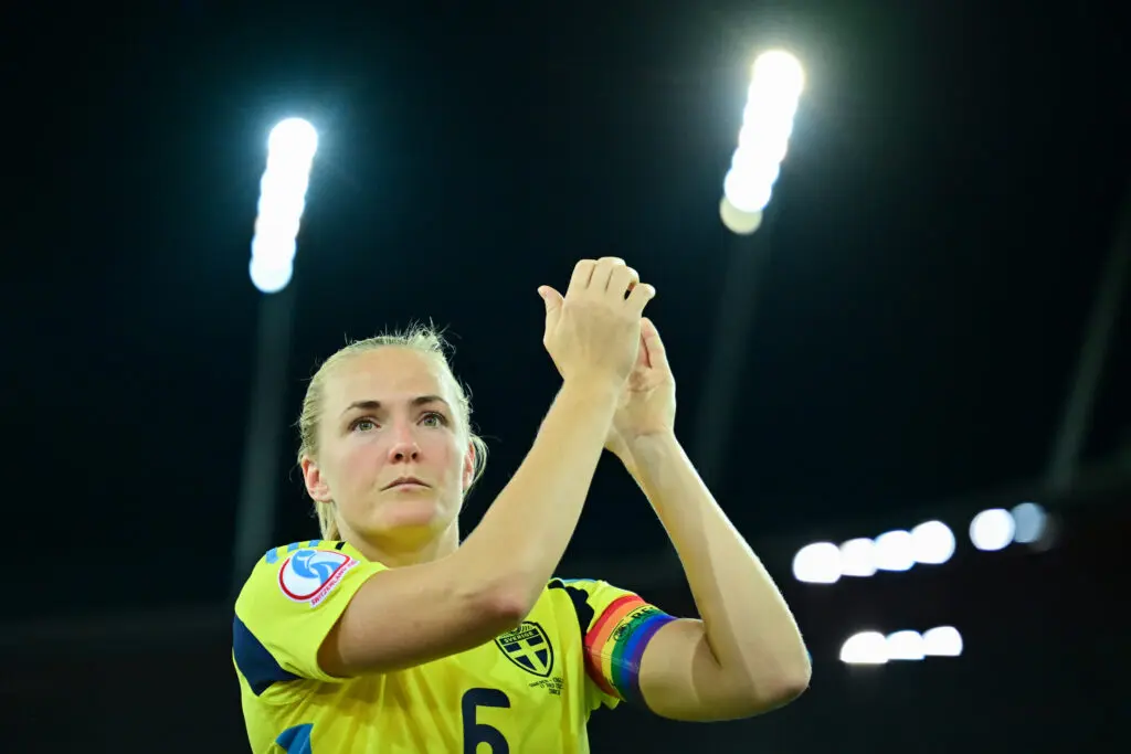 Sweden defender Magda Eriksson applauds supporters after her team's 2025 Euro quarterfinal loss.