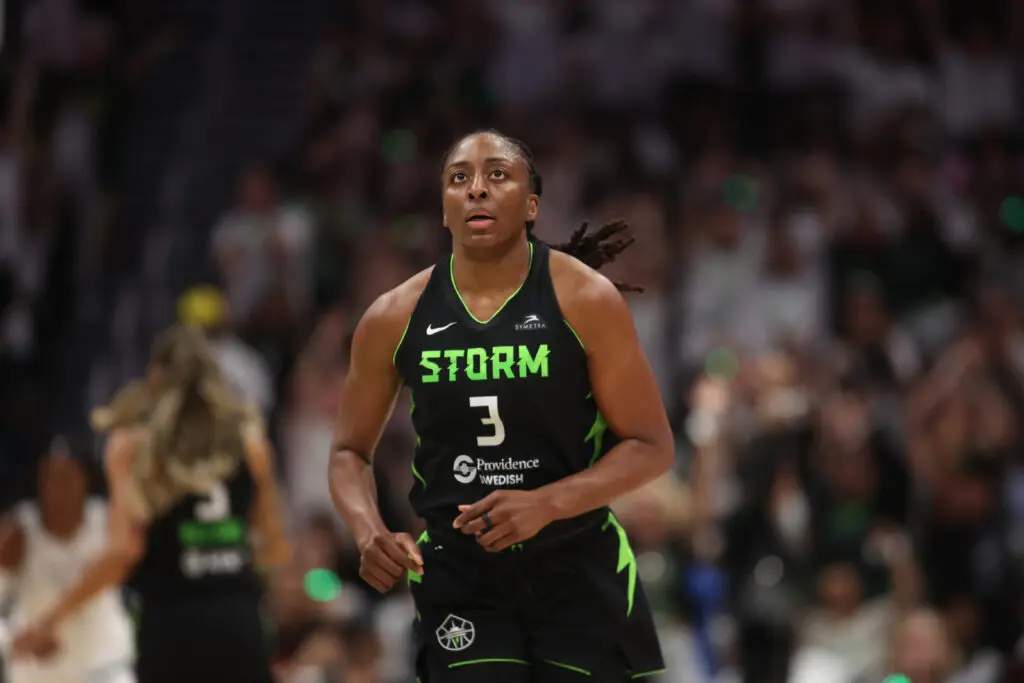 Seattle Storm star Nneka Ogwumike looks up the court during a 2025 WNBA Playoffs game.