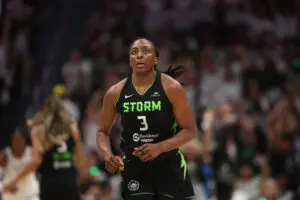 Seattle Storm star Nneka Ogwumike looks up the court during a 2025 WNBA Playoffs game.