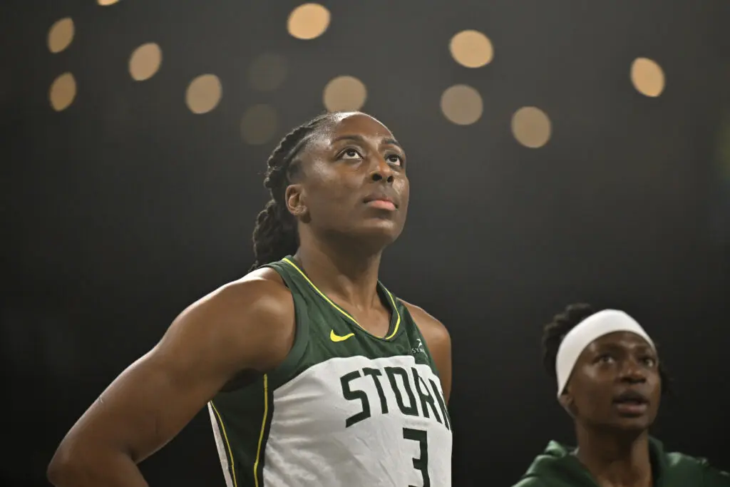 Seattle Storm star Nneka Ogwumike looks up during a 2025 WNBA Playoffs game.