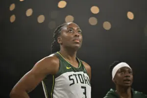 Seattle Storm star Nneka Ogwumike looks up during a 2025 WNBA Playoffs game.