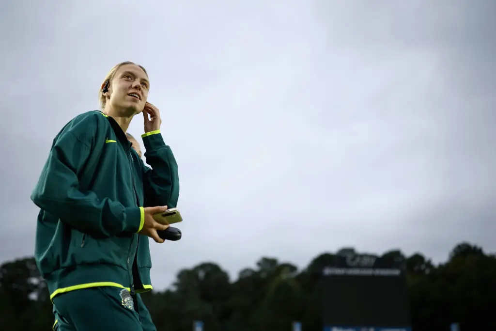 Esme Morgan #24 of Washington Spirit inspects the pitch prior to the NWSL match between NC Courage and Washington Spirit at First Horizon Stadium on October 11, 2025 in Cary, North Carolina.
