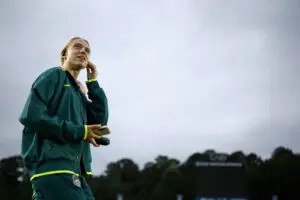 Esme Morgan #24 of Washington Spirit inspects the pitch prior to the NWSL match between NC Courage and Washington Spirit at First Horizon Stadium on October 11, 2025 in Cary, North Carolina.