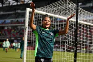 Croix Bethune #7 of the Washington Spirit reacts before the NWSL game against the Orlando Pride at Audi Field on October 18, 2025 in Washington, DC.