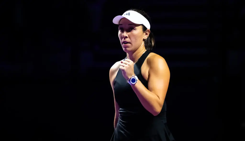 US tennis star Jessica Pegula celebrates a point in her first match at the 2025 WTA Finals.