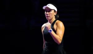 US tennis star Jessica Pegula celebrates a point in her first match at the 2025 WTA Finals.