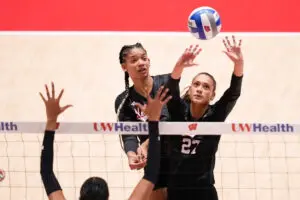 Nebraska senior Taylor Landfair watches junior Harper Murray set the ball during a 2025 NCAA volleyball game.