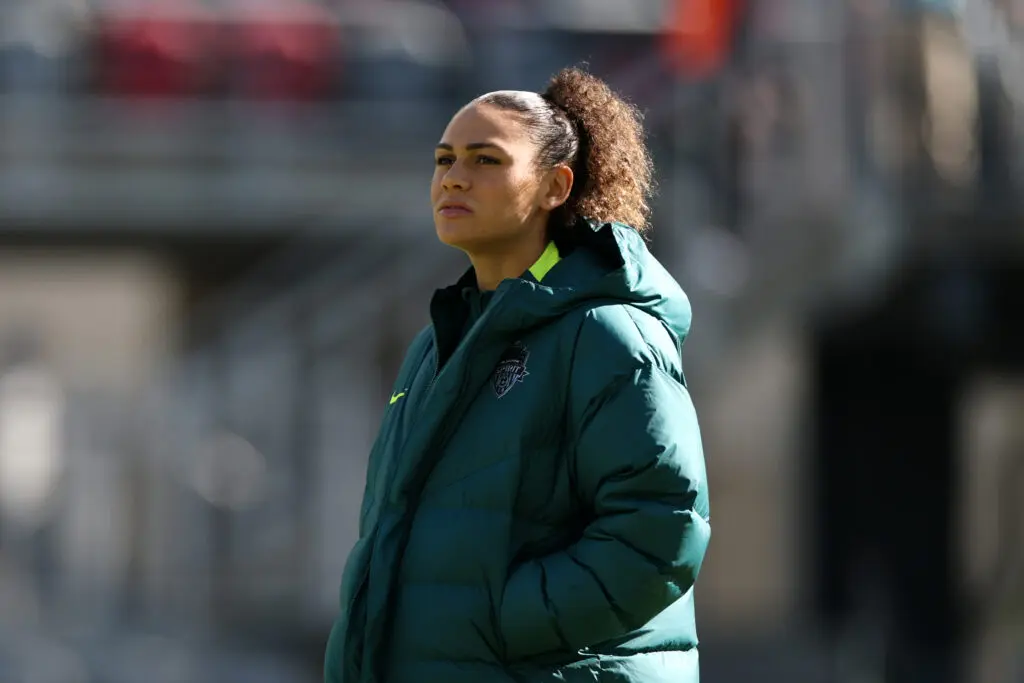 Washington Spirit star Trinity Rodman looks on during warm-ups before a 2025 NWSL quarterfinals match.
