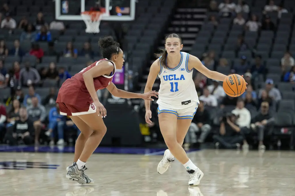 Oklahoma sophomore Zya Vann guards UCLA senior Gabriela Jaquez during a 2025 NCAA basketball game.