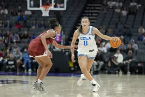 Oklahoma sophomore Zya Vann guards UCLA senior Gabriela Jaquez during a 2025 NCAA basketball game.