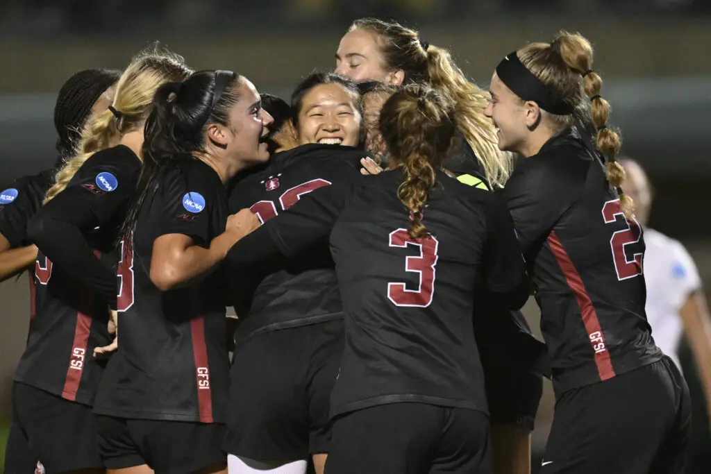Stanford celebrates a goal from junior midfielder Joelle Jung during the 2025 NCAA soccer tournament.