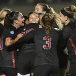 Stanford celebrates a goal from junior midfielder Joelle Jung during the 2025 NCAA soccer tournament.