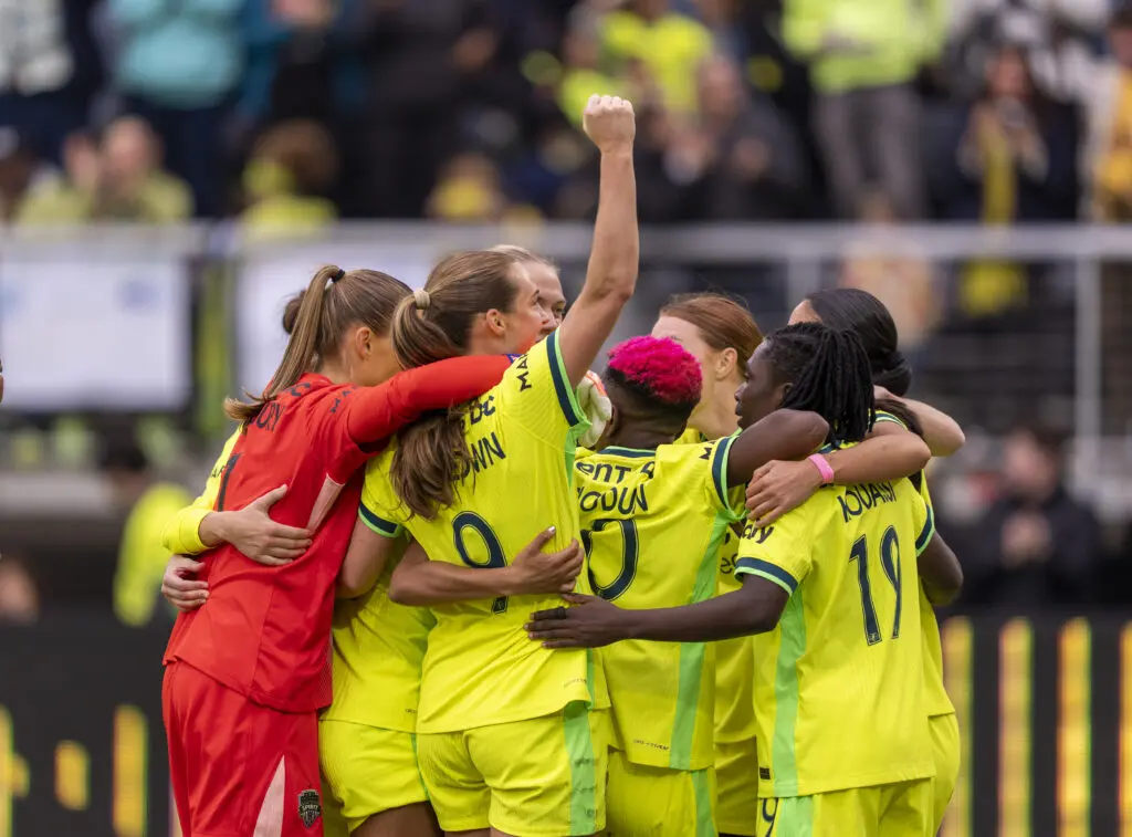 The Washington Spirit celebrate a goal from midfielder Croix Bethune during the 2025 NWSL semifinals.