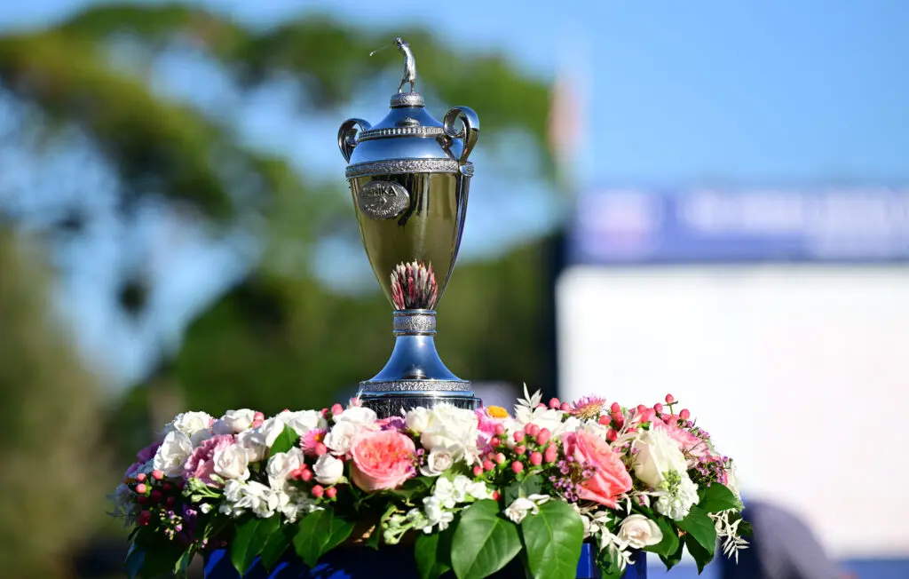 The trophy for the 2025 edition of The Annika is displayed on the course's 18th green.