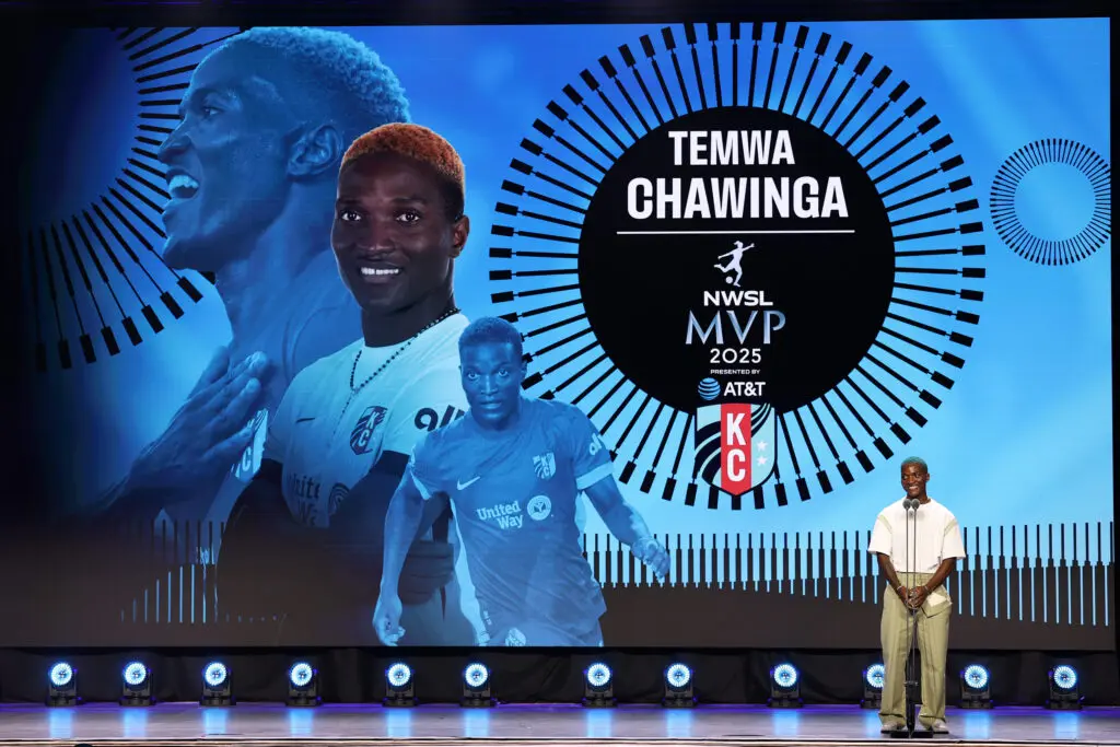 Kansas City Current striker Temwa Chawinga accepts her 2025 NWSL MVP Award.