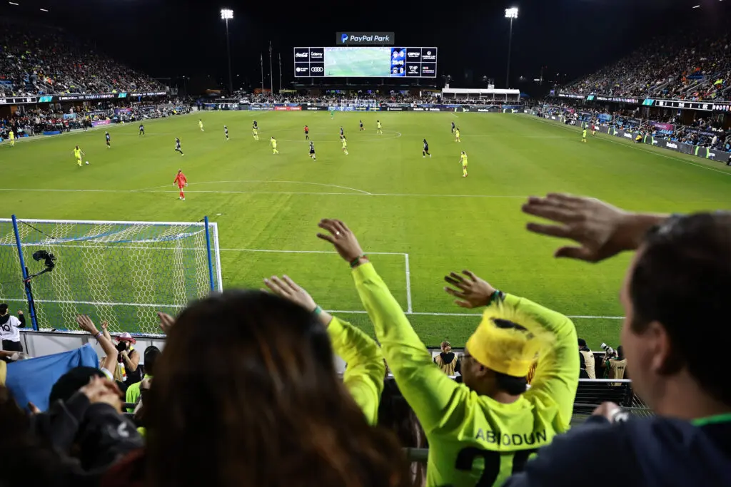 Fans cheer at San Jose's PayPal Park during the 2025 NWSL Championship match.