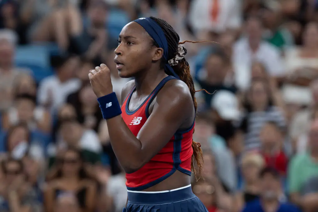 US tennis star Coco Gauff celebrates a point during a 2025 United Cup match.