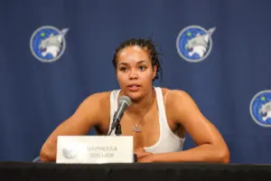 Minnesota Lynx star Napheesa Collier speaks to media after a 2025 WNBA game.
