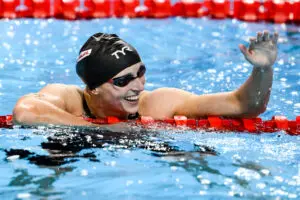 USA swimming legend Katie Ledecky celebrates after winning the 800-meter freestyle at the 2025 World Aquatics Championships.