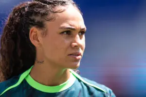Washington Spirit forward Trinity Rodman looks on before a 2025 NWSL match.