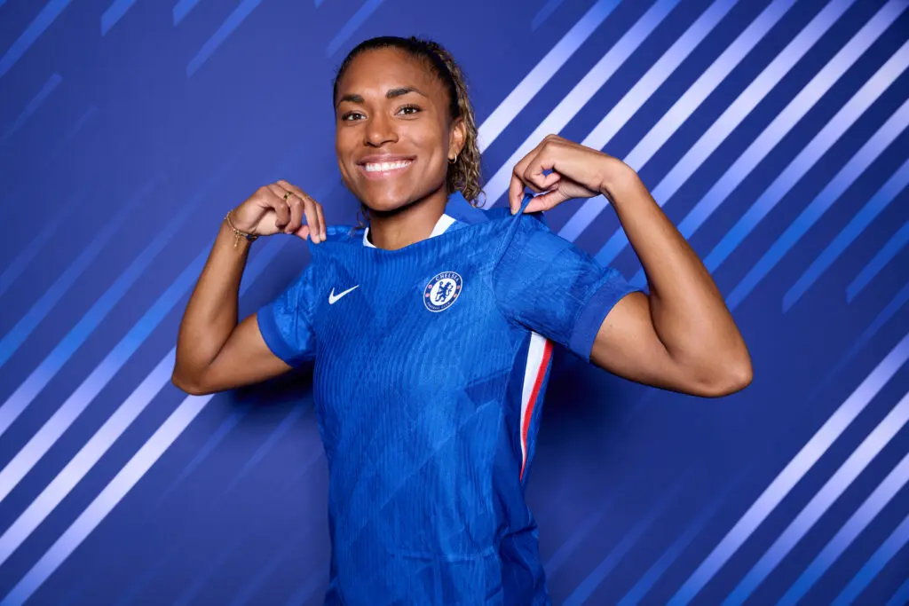 Chelsea FC attacker Catarina Macario poses in her WSL kit.