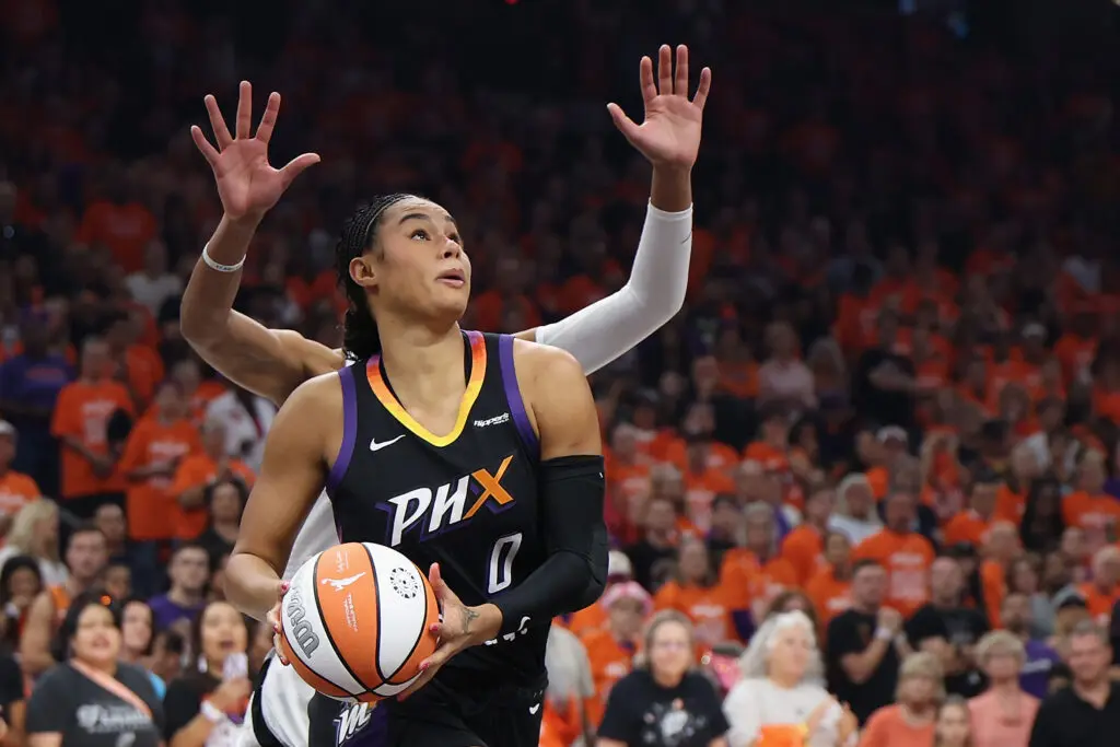 Phoenix Mercury forward Satou Sabally controls the ball during Game 3 of the 2025 WNBA Finals.