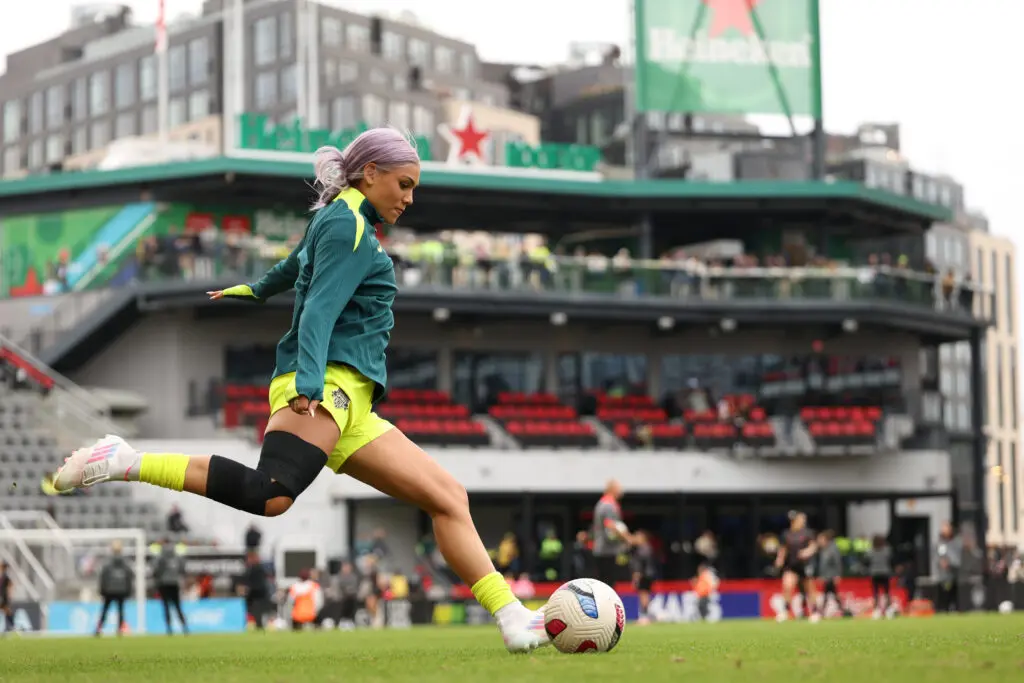 Washington Spirit star Trinity Rodman warms up prior to their 2025 NWSL semifinal.