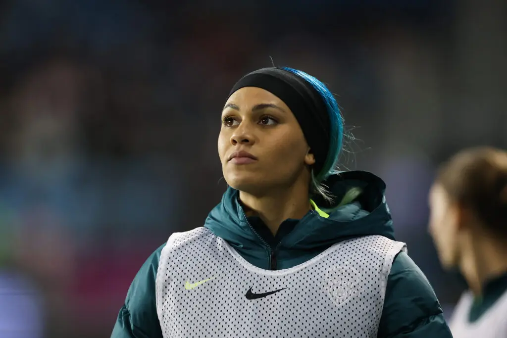 Washington Spirit winger Trinity Rodman looks on during the 2025 NWSL Championship match.