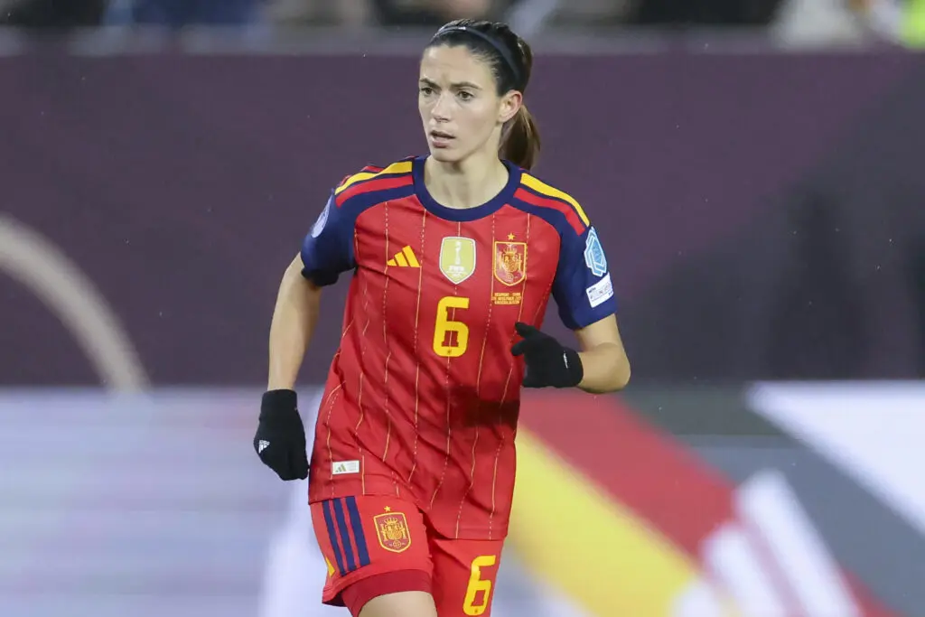 Spain midfielder Aitana Bonmatí looks across the pitch during the first-leg match of the 2025 Nations League final.