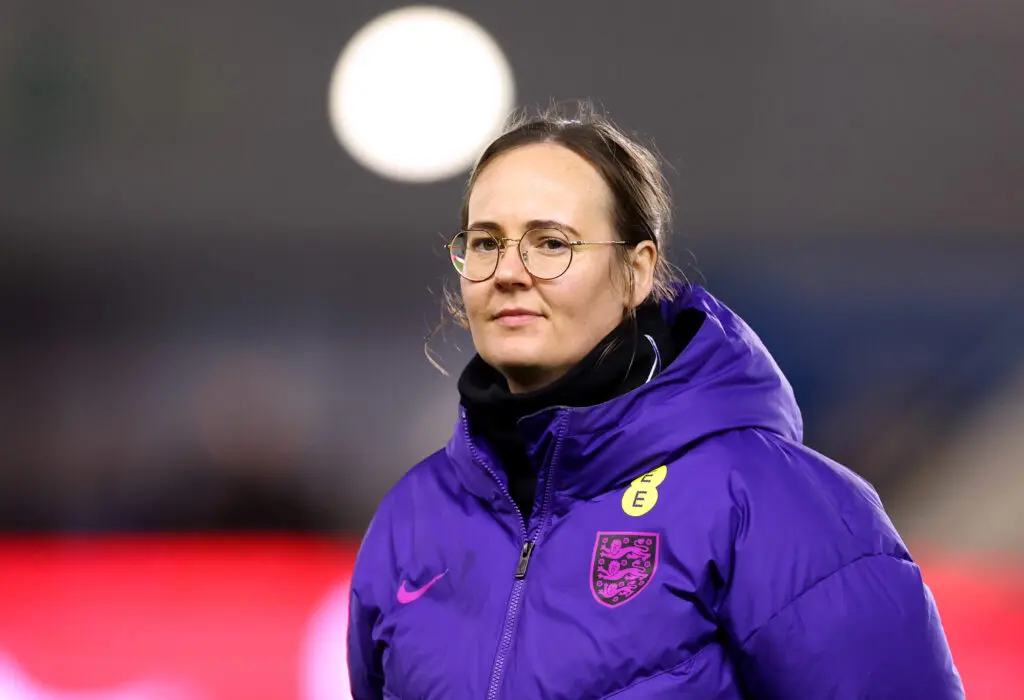 England U-23 head coach Emma Coates look on before a 2025 match.