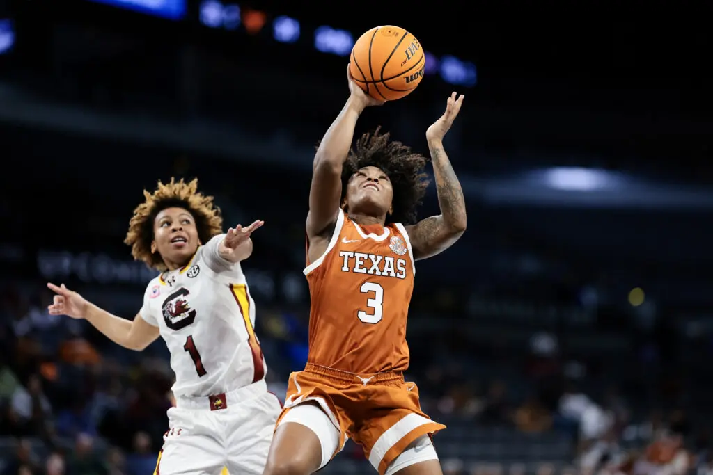 Texas guard Rori Harmon drives to the basket against South Carolina during the 2025 Players Era Championship final.