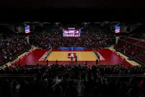 A general view of the Stanford's Maples Pavilion before a 2025 NCAA volleyball tournament game.
