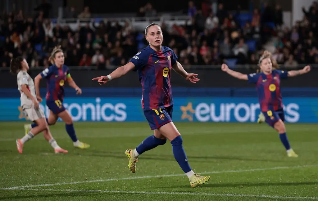 Barcelona striker Ewa Pajor celebrates her goal during the fifth league-phase matchday of 2025/26 Champions League play.