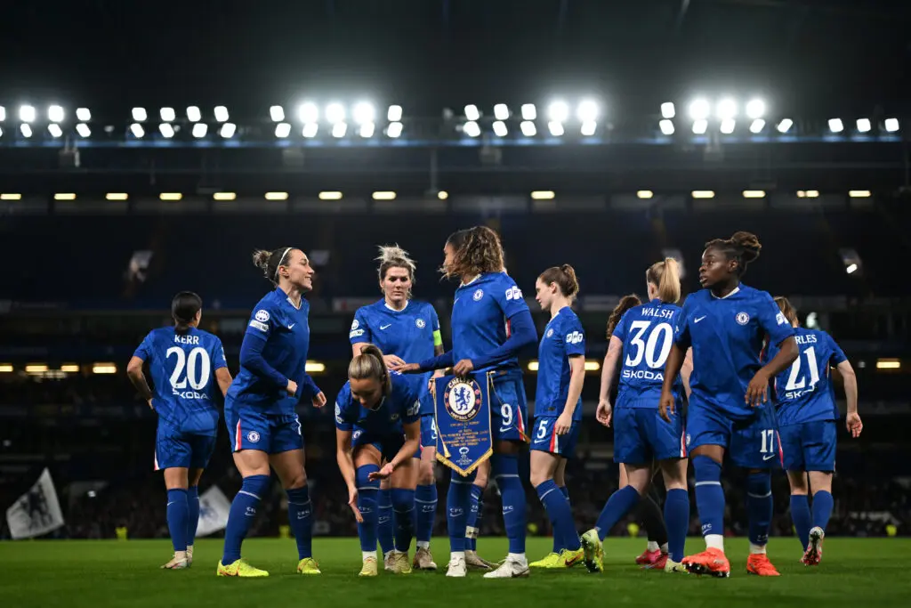 Chelsea players prepare for a 2025/26 Champions League league-phase match.