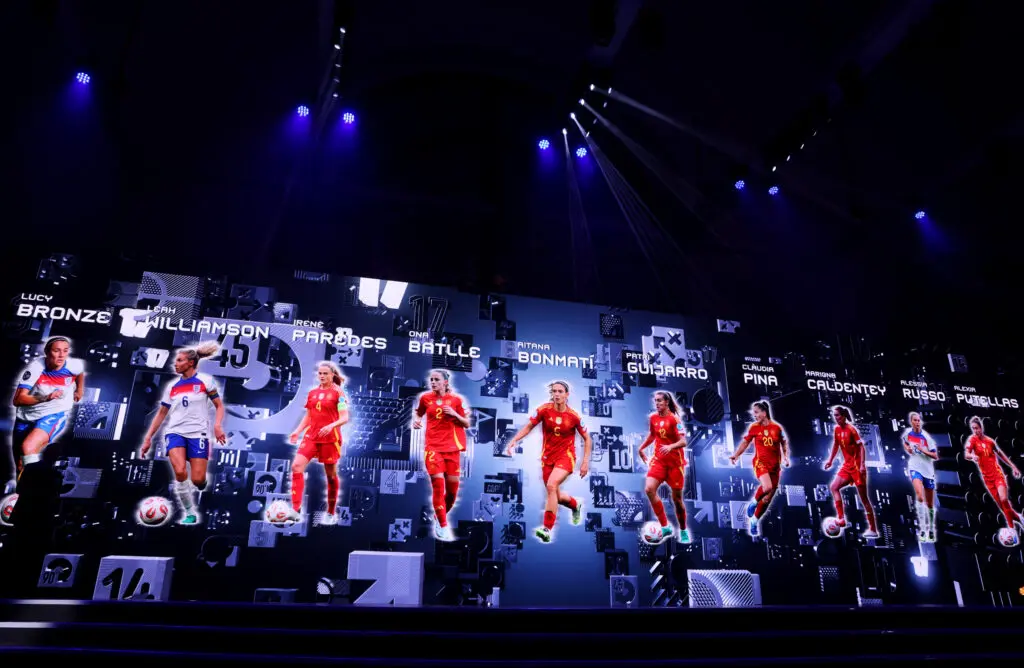 The Best XI winners are displayed on a screen during the 2025 FIFA Awards.