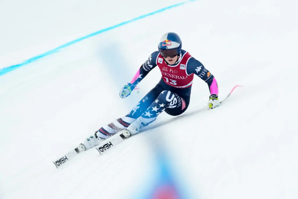 USA ski star Lindsey Vonn races downhill in the Super G at the 2025 FIS Alpine World Cup.