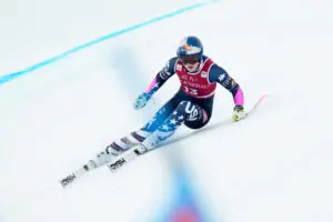 USA ski star Lindsey Vonn races downhill in the Super G at the 2025 FIS Alpine World Cup.