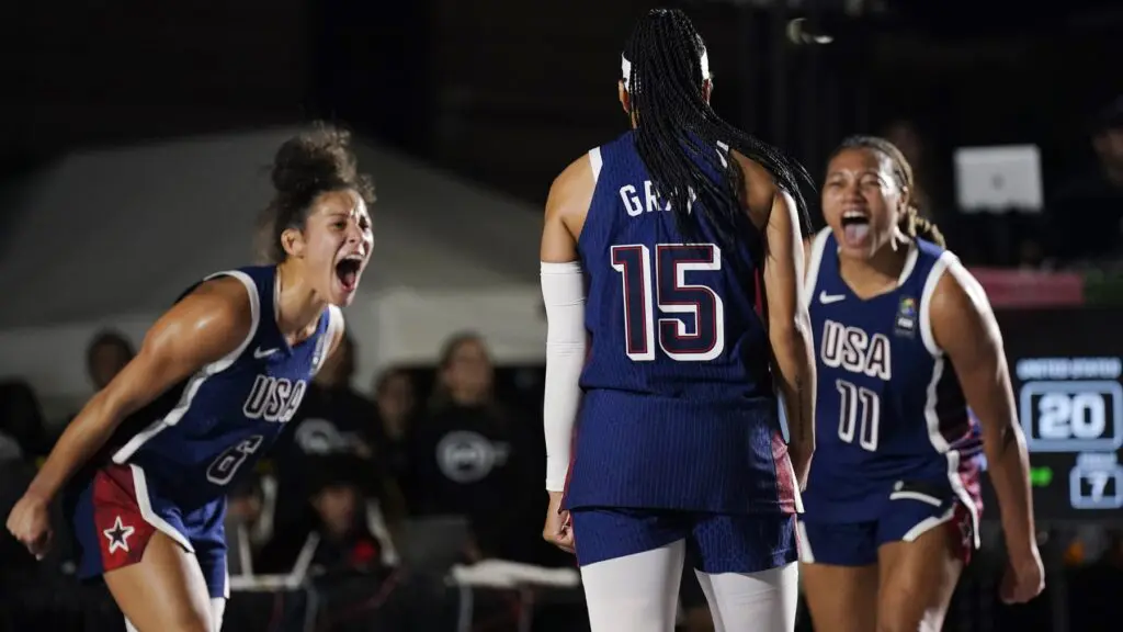 Team USA stars Veronica Burton, Naz Hillmon, and Allisha Gray celebrate during a 2025 FIBA 3x3 AmeriCup game.