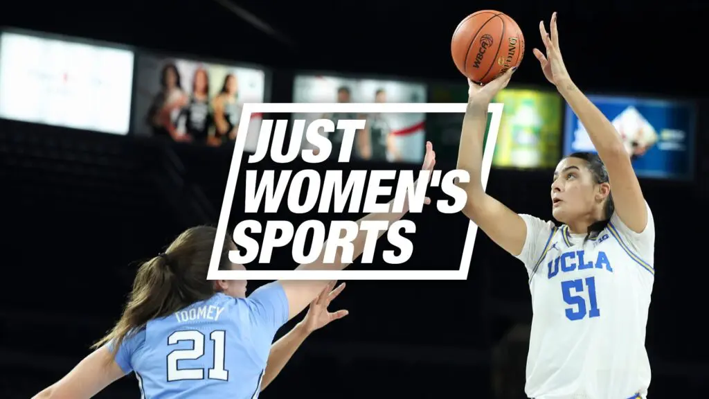 Graphic showing UCLA center Lauren Betts shooting the ball over a UNC player.