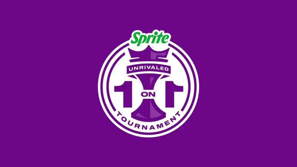 Purple graphic showcasing Unrivaled Basketball 1v1 tournament logo presented by Sprite.