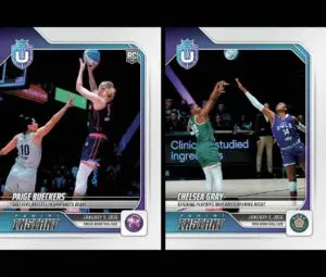 Two of the Unrivaled x Panini trading cards feature Paige Bueckers and Chelsea Gray.