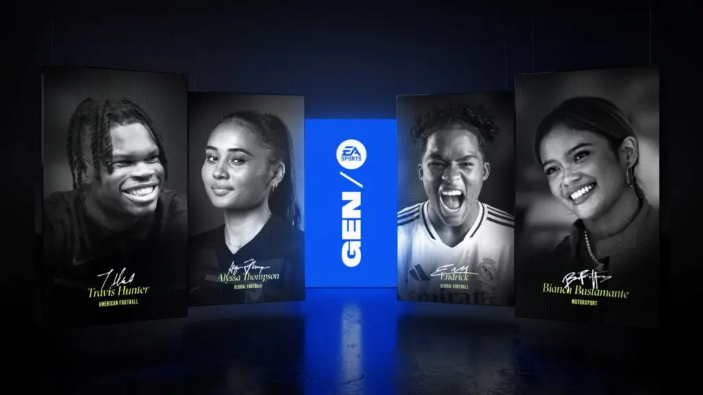 A graphic displays the first GEN / EA SPORTS athlete class of Travis Hunter (NFL's Jacksonville Jaguars), Alyssa Thompson (USWNT, Chelsea), Endrick (Brazil, Lyon), and Bianca Bustamante (motosport racer).