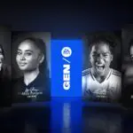 A graphic displays the first GEN / EA SPORTS athlete class of Travis Hunter (NFL's Jacksonville Jaguars), Alyssa Thompson (USWNT, Chelsea), Endrick (Brazil, Lyon), and Bianca Bustamante (motosport racer).
