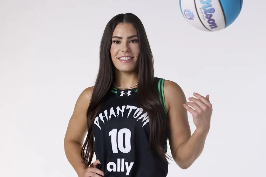 Phantom BC's Kelsey Plun tosses a basketball up in the air while posing during an Unrivaled photo shoot.