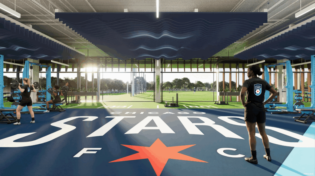 A design rendering of players using the weight room, which